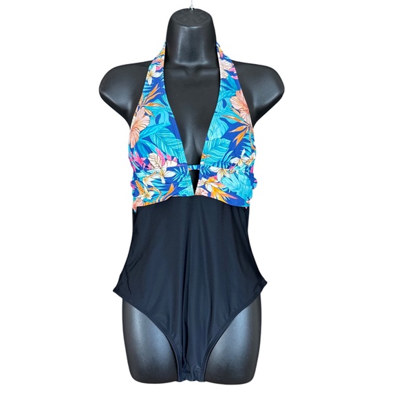 NWT Cupshe Blue Tropical Floral & Black Halter Top One Piece Swimsuit Size M - Picture 4 of 13